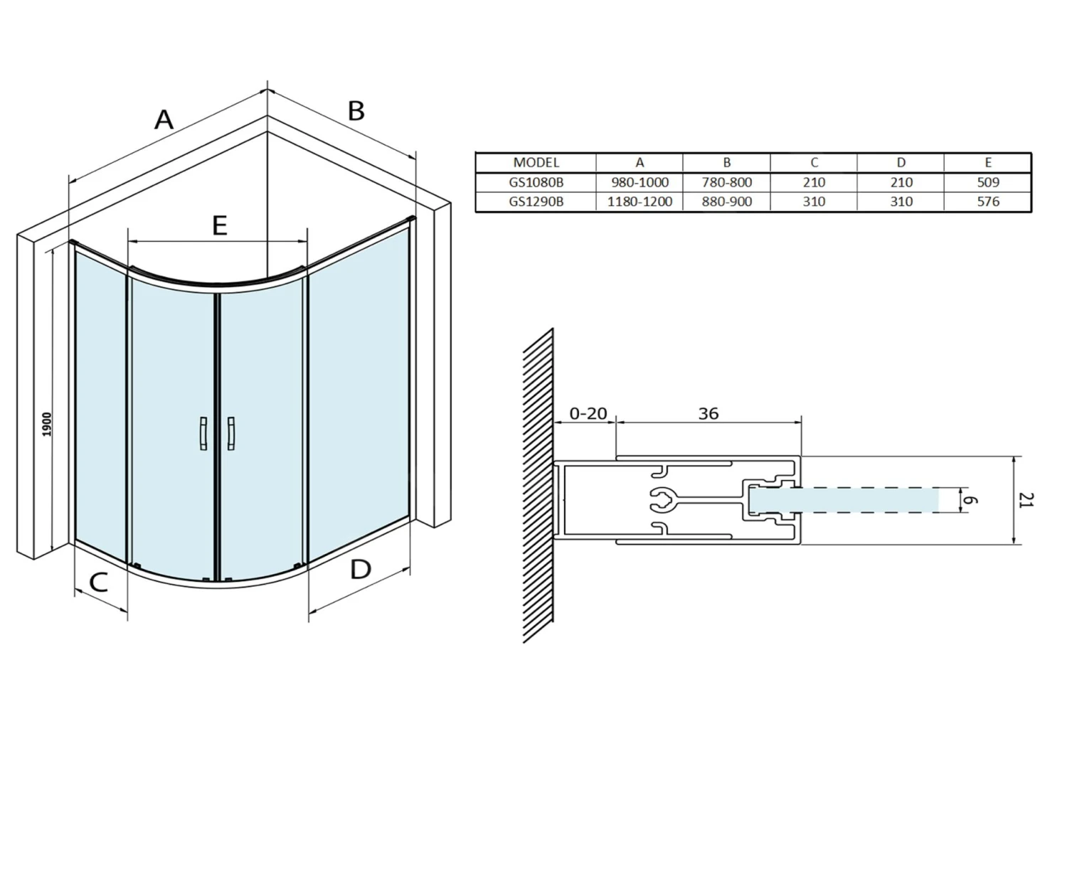 Gelco Sigma - Douchehoek 120x90 Cm, R550, Mat Zwart/helder Glas GS1290B - Afbeelding 2