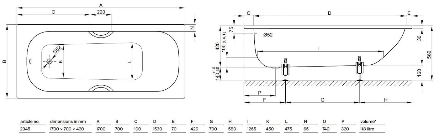 Bette Form - Inbouwbad 1700x700 Mm, 2 Gaten Voor Handgreep, Wit 2945-0002GR - Afbeelding 2