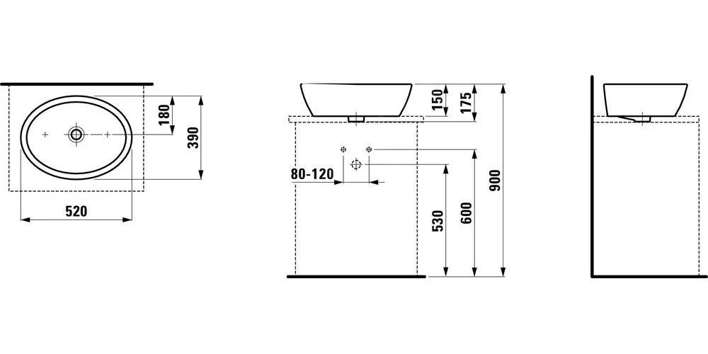 Laufen Pro - Opzetwastafel, 520x390 Mm, Zonder Kraangat, Wit H8129640001091 - Afbeelding 2