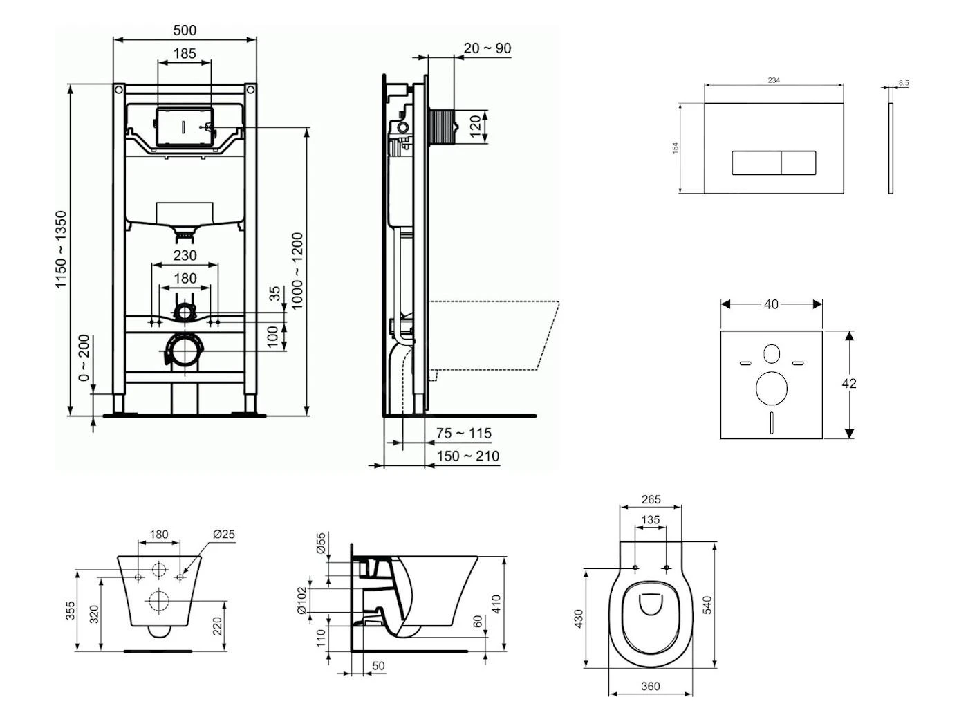 Ideal Standard ProSys - Toiletset- Inbouwreservoir, Closet, WC-zitting Connect Air, Oleas M2 Bedieningsplaat, Aquablade, SoftClose, Wit ProSys120M SP19 - Afbeelding 2