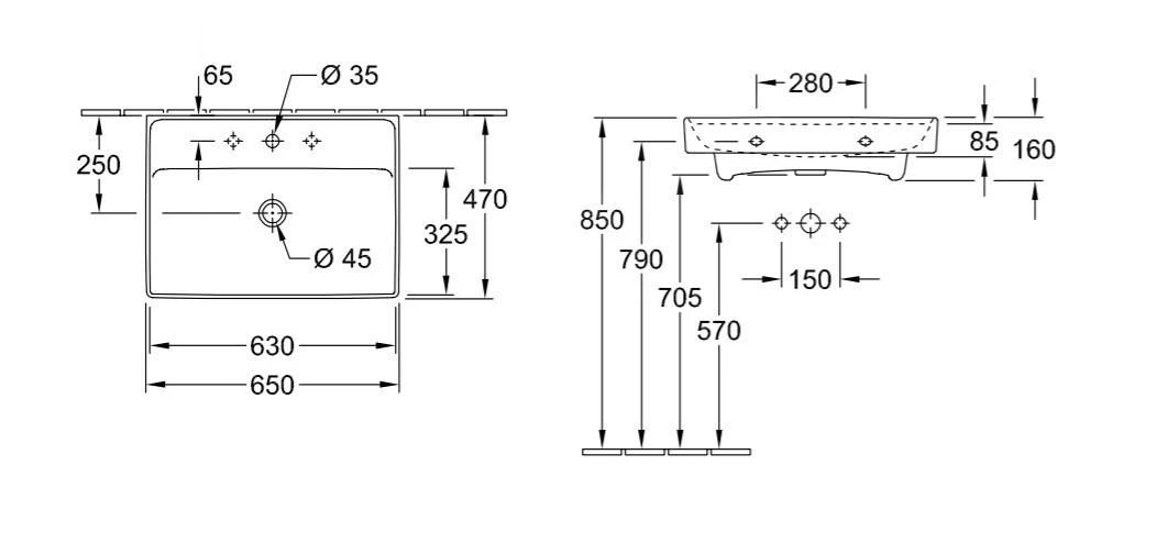 Villeroy & Boch Collaro - Wastafel 650x470 Mm, Zonder Overloop, Kraangat, Alpine Wit 4A336601 - Afbeelding 2