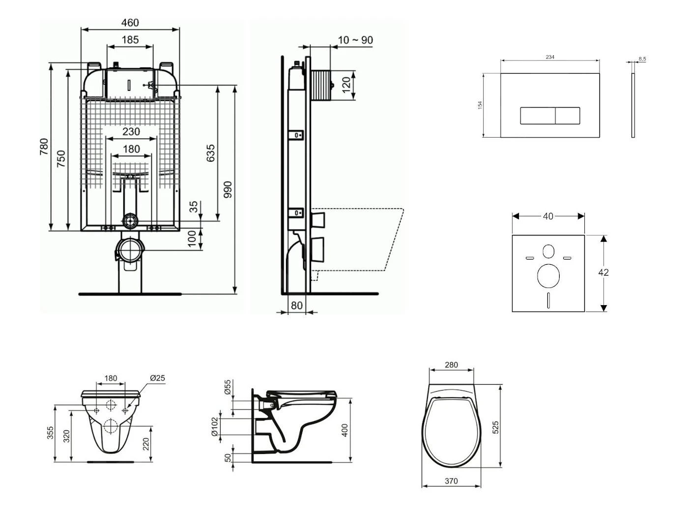Ideal Standard ProSys - Toiletset- Inbouwreservoir, Closet, WC-zitting Eurovit, Oleas M2 Bedieningsplaat, Rimless, Softclose, Wit ProSys80M SP121 - Afbeelding 2