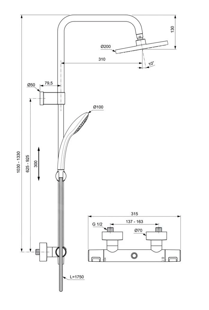 Ideal Standard CeraTherm - Doucheset T25 Met Thermostaatkraan, 200 Mm, 1-jet, Zwart A7546XG - Afbeelding 2