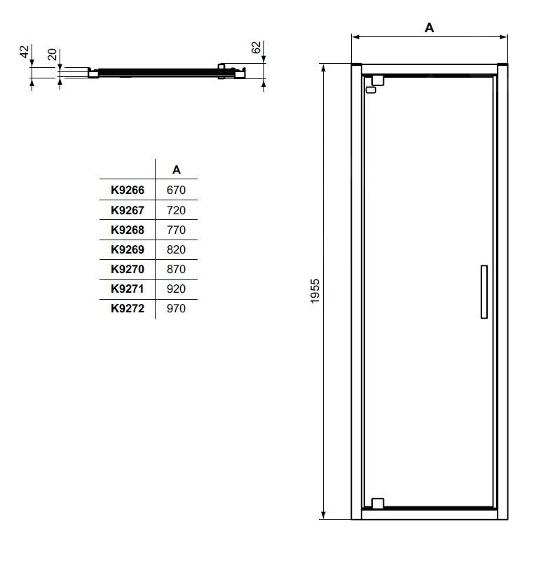 Ideal Standard Connect 2 - Douchedeur Draaibaar 800 Mm, Zwart/helder Glas K9268V3 - Afbeelding 2
