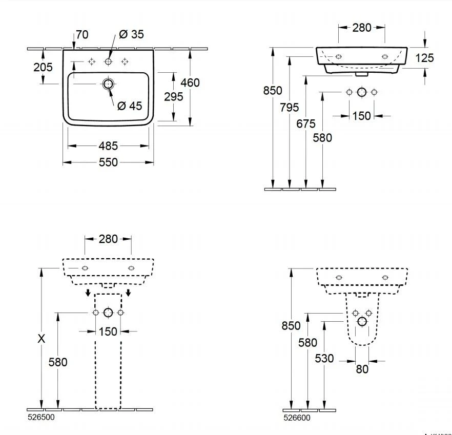 Villeroy & Boch O.novo - Wastafel 550x460 Mm, Zonder Overloop, Met Kraangat, AntiBac, CeramicPlus, Alpine Wit 4A4156T2 - Afbeelding 2