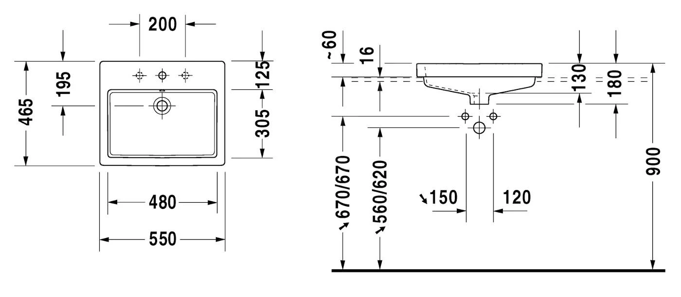 Duravit Vero - Inbouw Wastafel 550x465x180 Mm, 1 Kraangat, Alpine Wit 0315550000 - Afbeelding 2