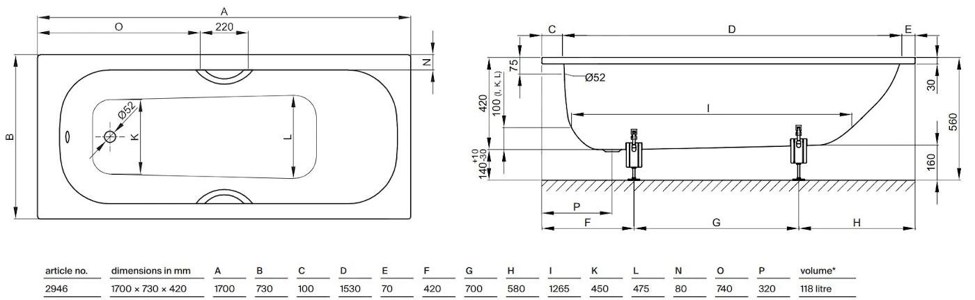 Bette Form - Inbouwbad 1700x730 Mm, 2 Gaten Voor Handgreep, Wit 2946-0002GR - Afbeelding 2